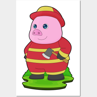 Pig Firefighter Axe Fire department Posters and Art
